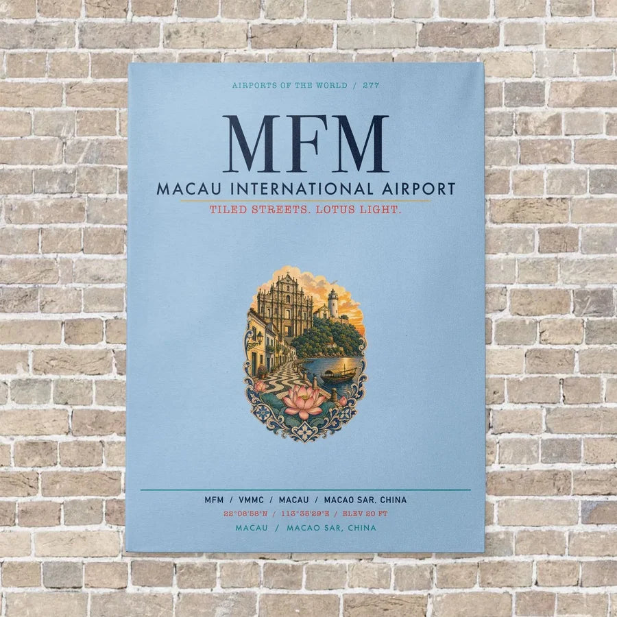 Macau International Airport MFM vertical canvas print - no frame - light blue background