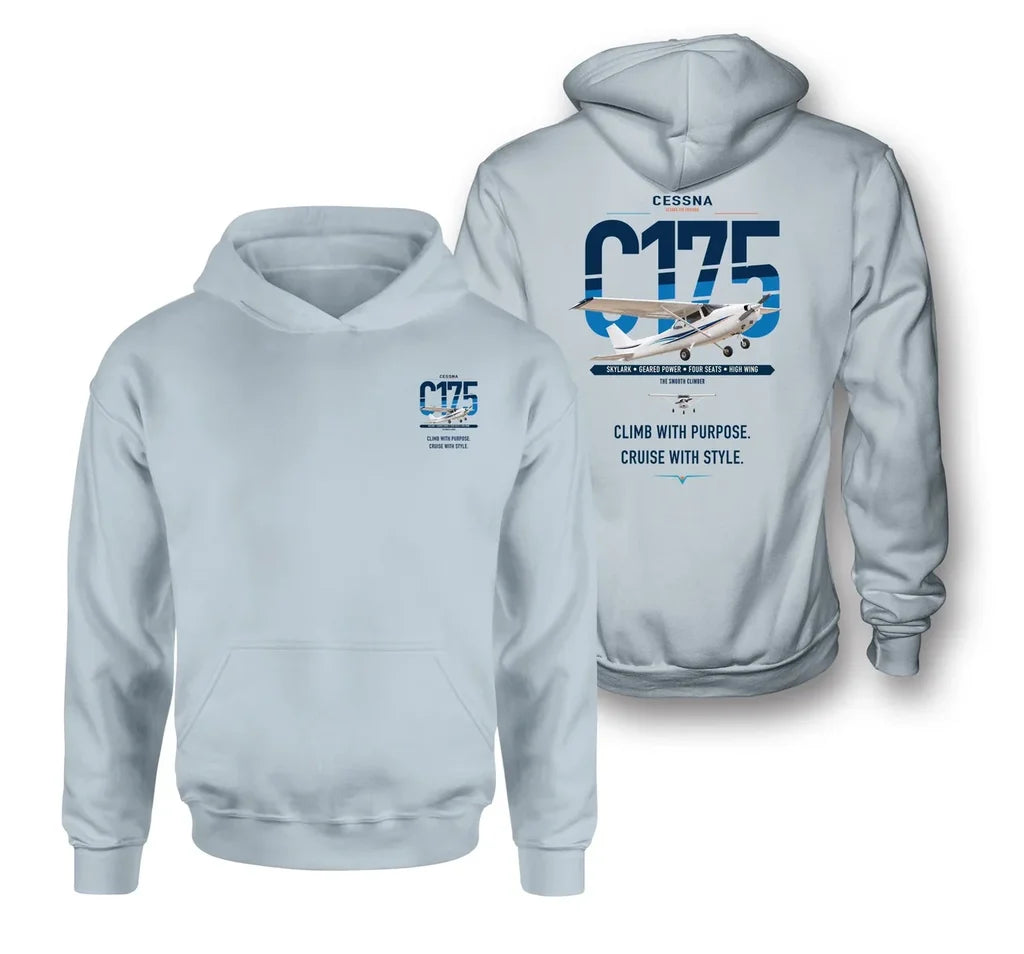 Cessna 175 Skylark design on light blue double-side hoodie, double-side print