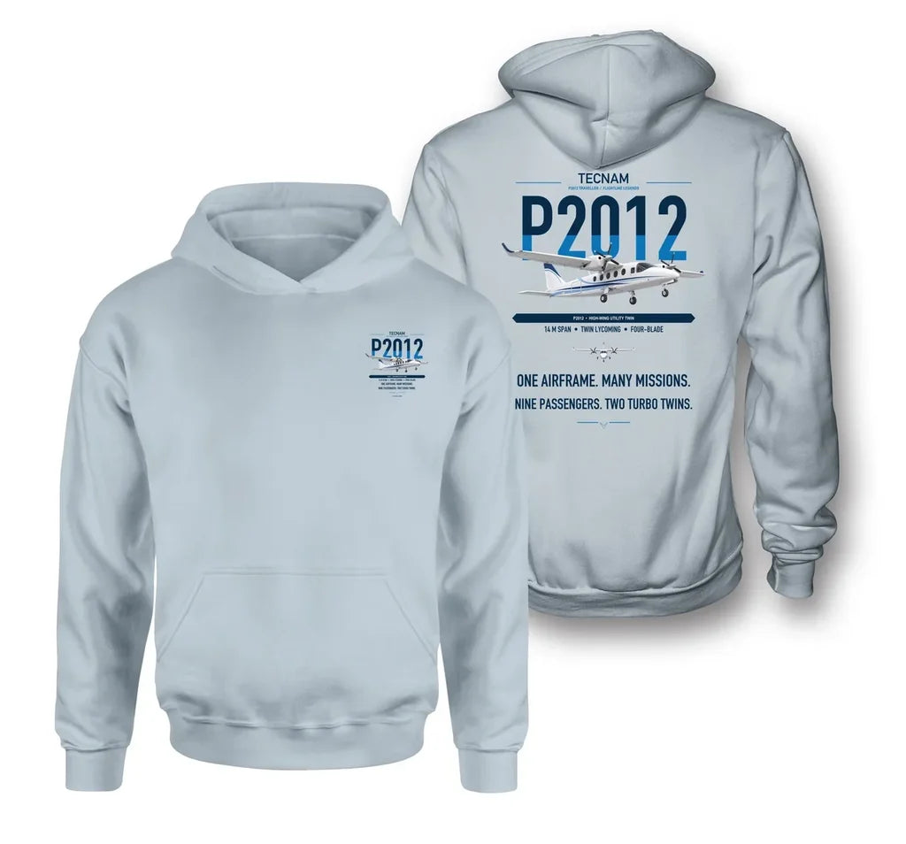 Tecnam P2012 Traveller design on light blue double-side hoodie, double-side print