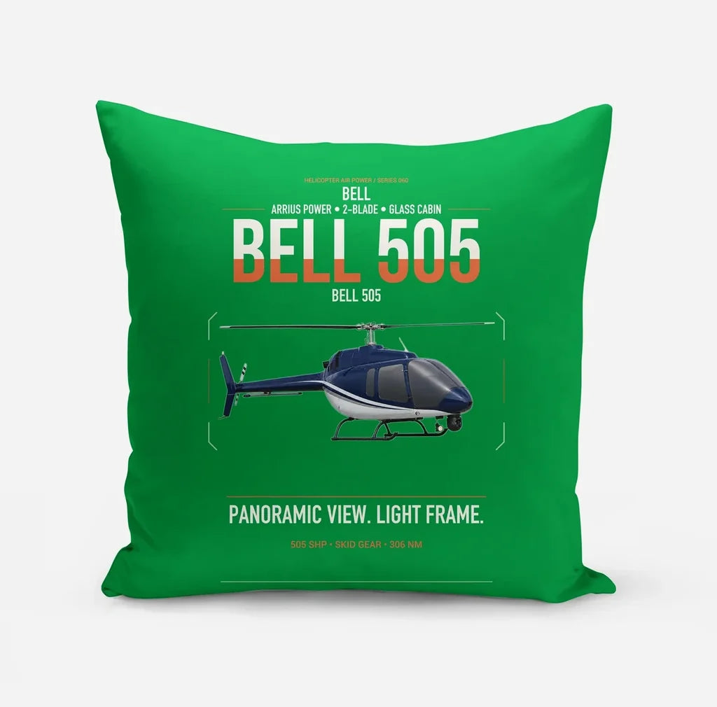Bell 505 design on green pillow