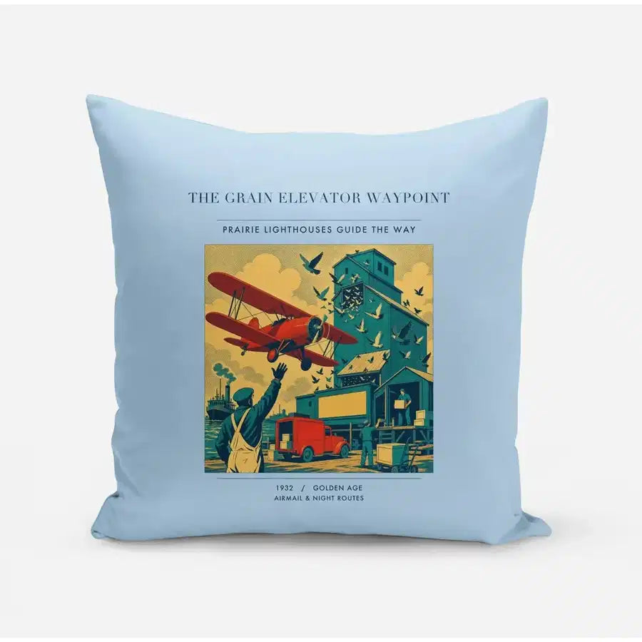 VINTAGE G4451 - The Grain Elevator Waypoint - Designed Pillows design on lightblue