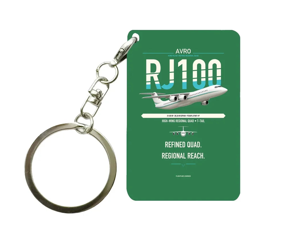Avro RJ100 design on green designed key chain, double-side print