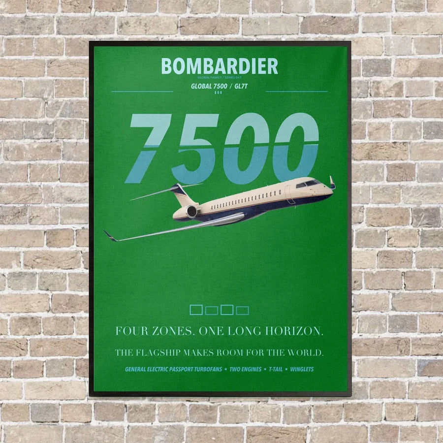 Bombardier Global 7500 vertical canvas print - framed - green background
