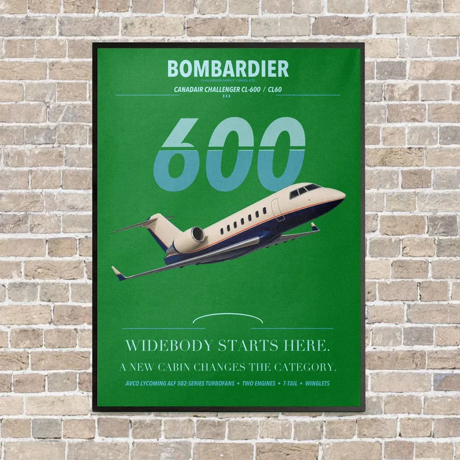 Bombardier Challenger 600 vertical canvas print - framed - green background