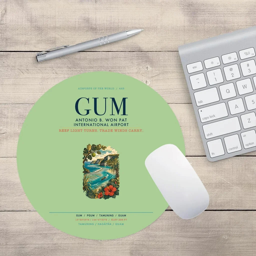 Antonio B. Won Pat International Airport (GUM) design on light green round mouse pad