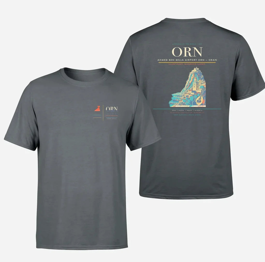 Ahmed Ben Bella Airport (ORN) design printed on gray double-side t-shirt