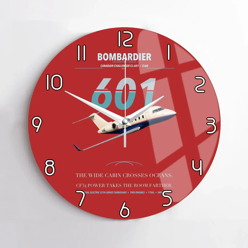 Bombardier Challenger 601 design on red no frame wall clock