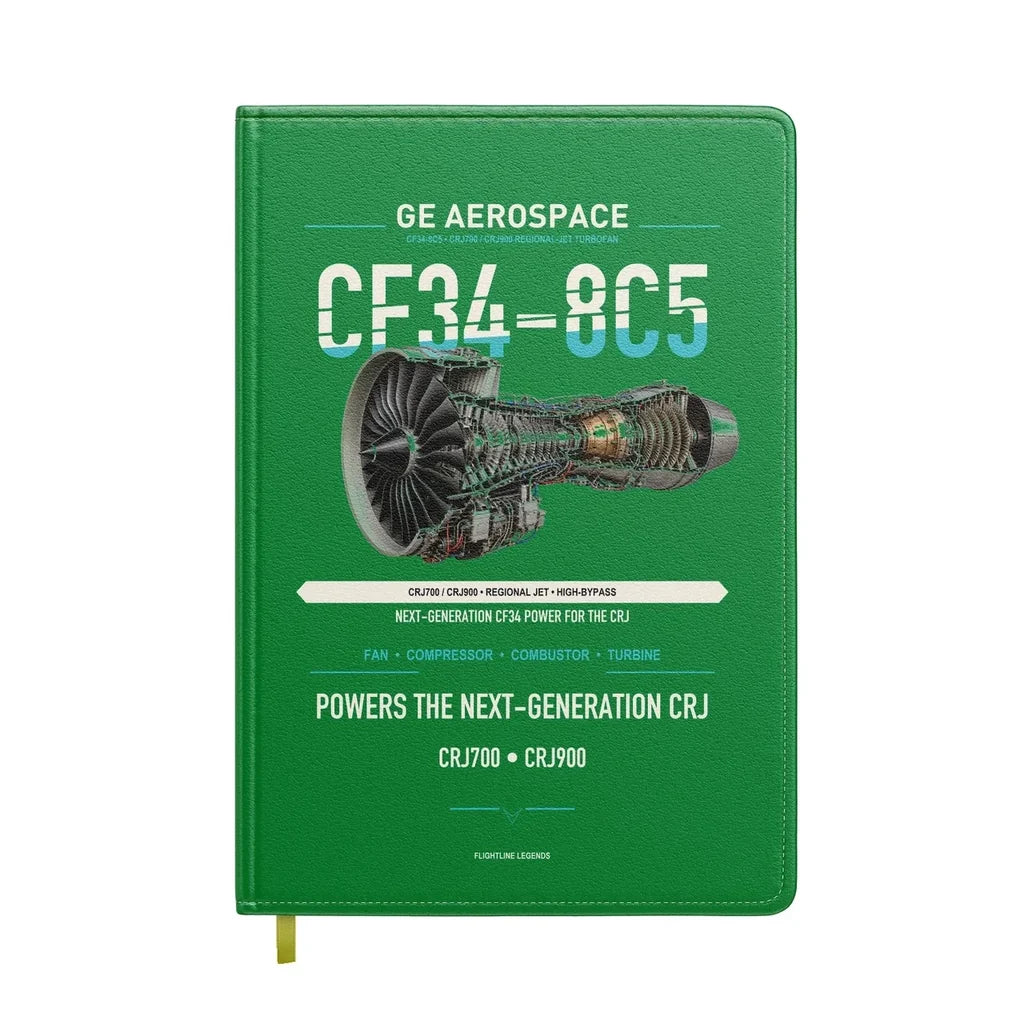 CF34-8C5 design on green notebook