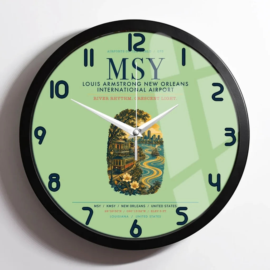 Louis Armstrong New Orleans International Airport (MSY) design on light green framed wall clock