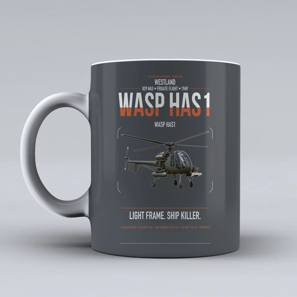 Westland Wasp HAS1 design on gray ceramic mug, double-side print