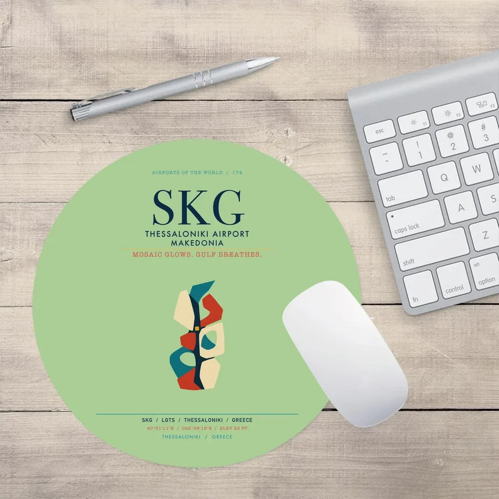 Thessaloniki Airport Makedonia (SKG) design on light green round mouse pad