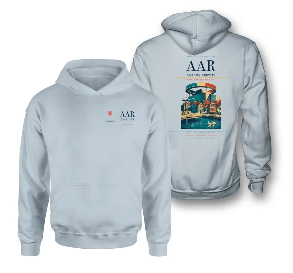 Aarhus Airport (AAR) design on light blue double-side hoodie