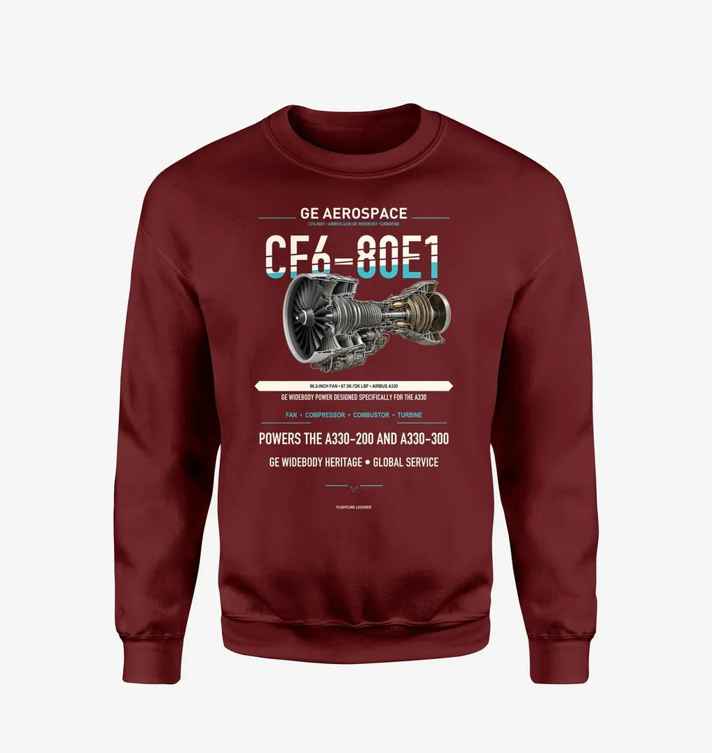 CF6-80E1 design on wine red sweatshirt