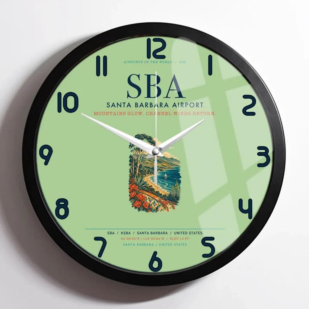 Santa Barbara Airport (SBA) design on light green framed wall clock