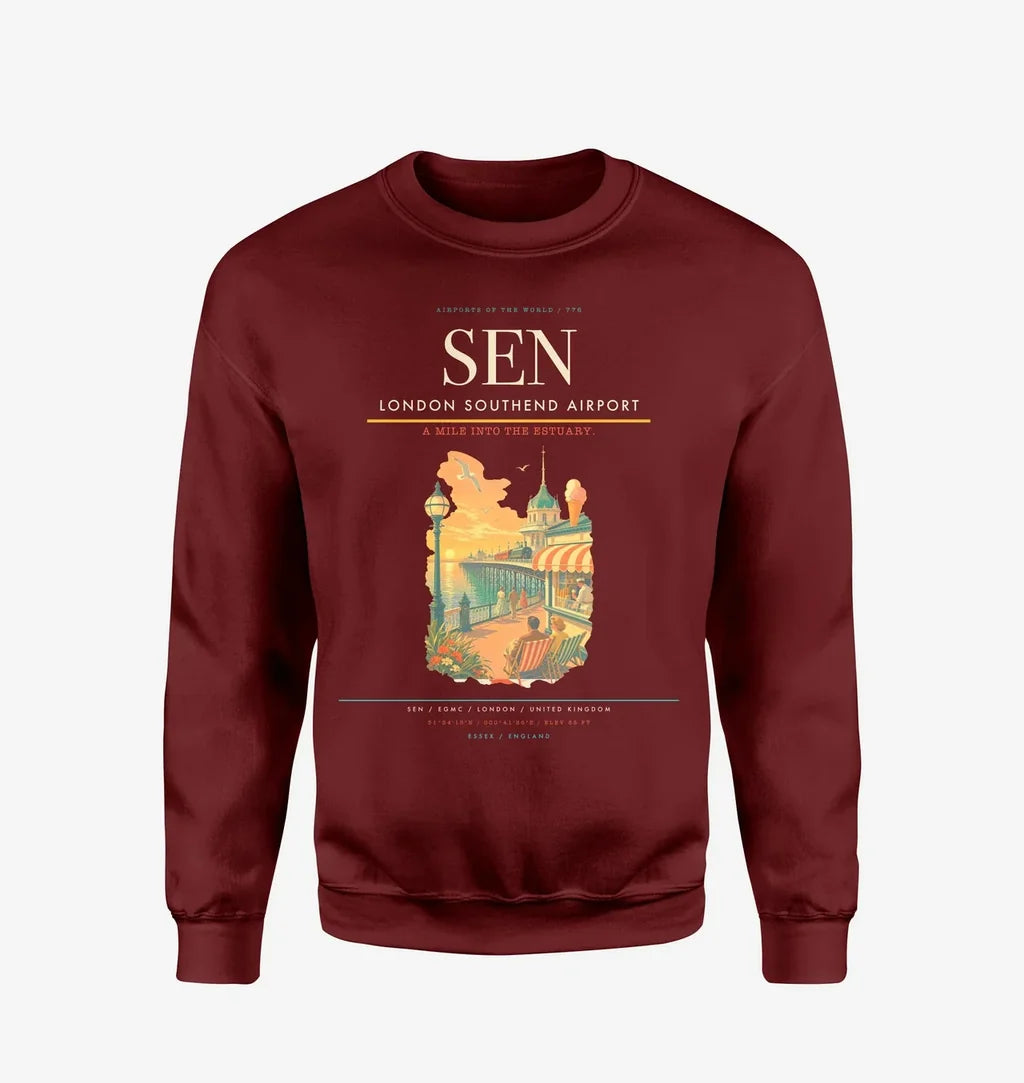 London Southend Airport (SEN) design on wine red sweatshirt