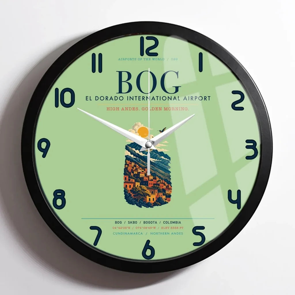 Bogota El Dorado International Airport (BOG) design on light green framed wall clock