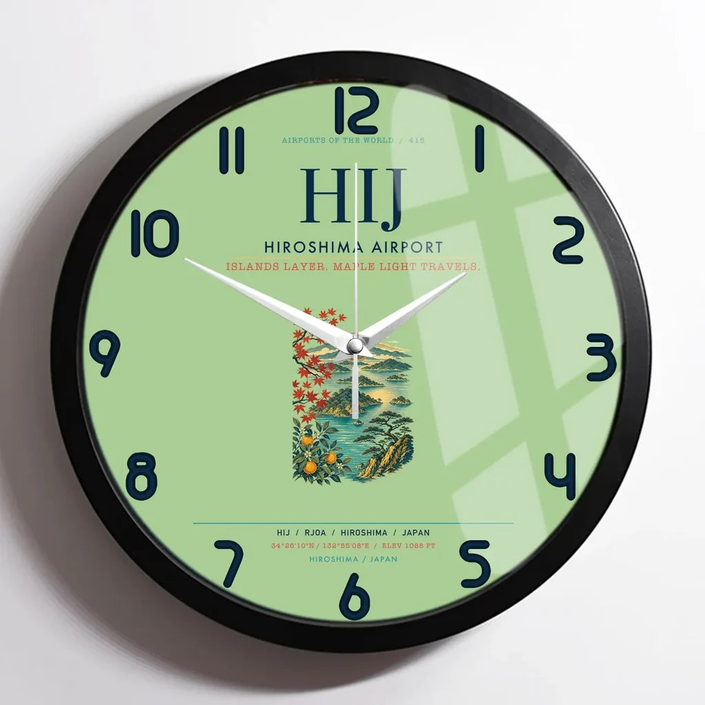 Hiroshima Airport (HIJ) design on light green framed wall clock