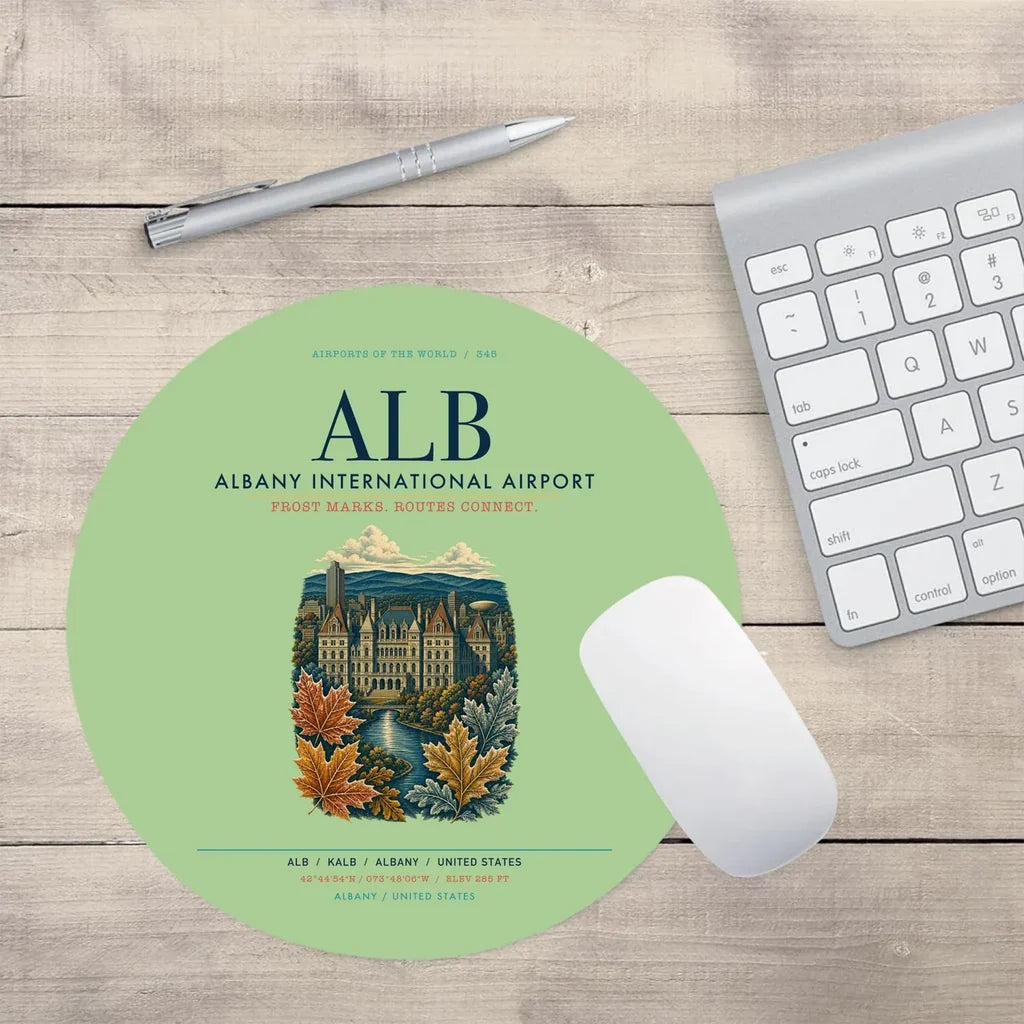 Albany International Airport (ALB) design on light green round mouse pad
