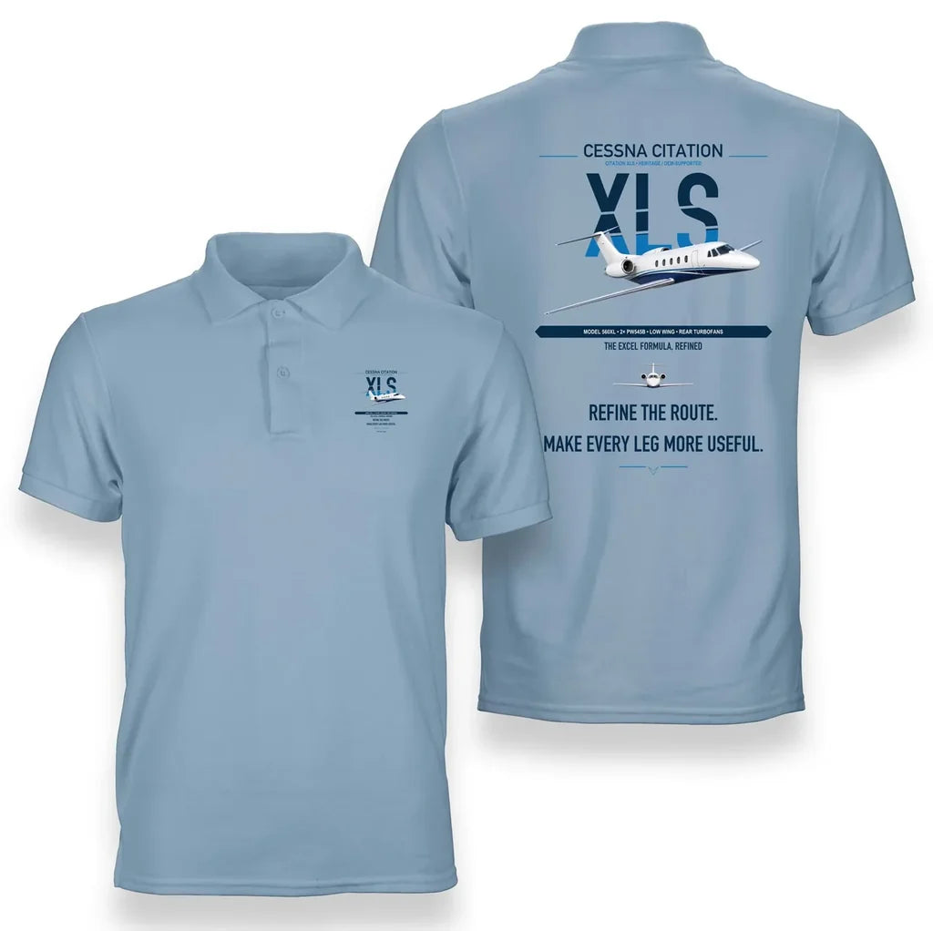 Cessna Citation XLS design on light blue double-side polo t-shirt, double-side print