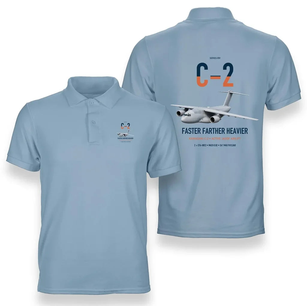 Kawasaki C-2 design on light blue double-side polo t-shirt, double-side print