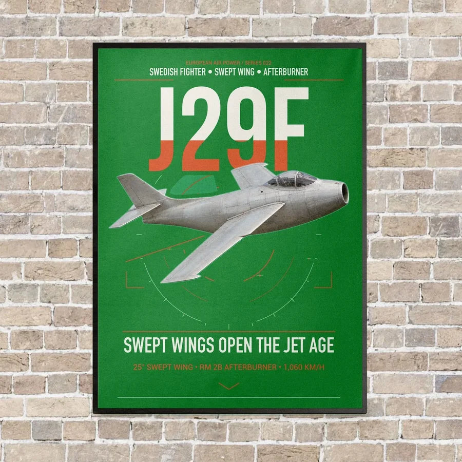 Saab J 29F Tunnan vertical canvas print - framed - green background