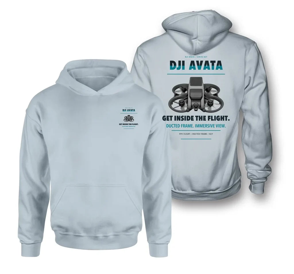 DJI Avata design on light blue hoodie