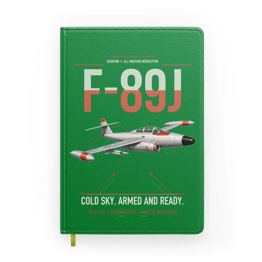 F-89J Scorpion design on green notebook