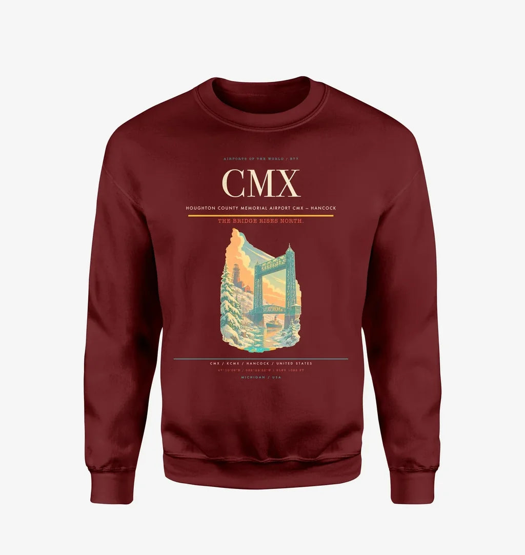 Houghton County Memorial Airport (CMX) design on wine red sweatshirt