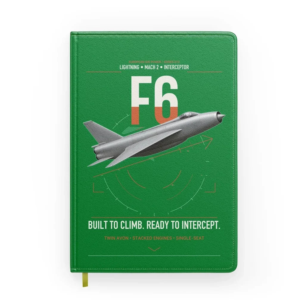 English Electric Lightning F6 design on green notebook