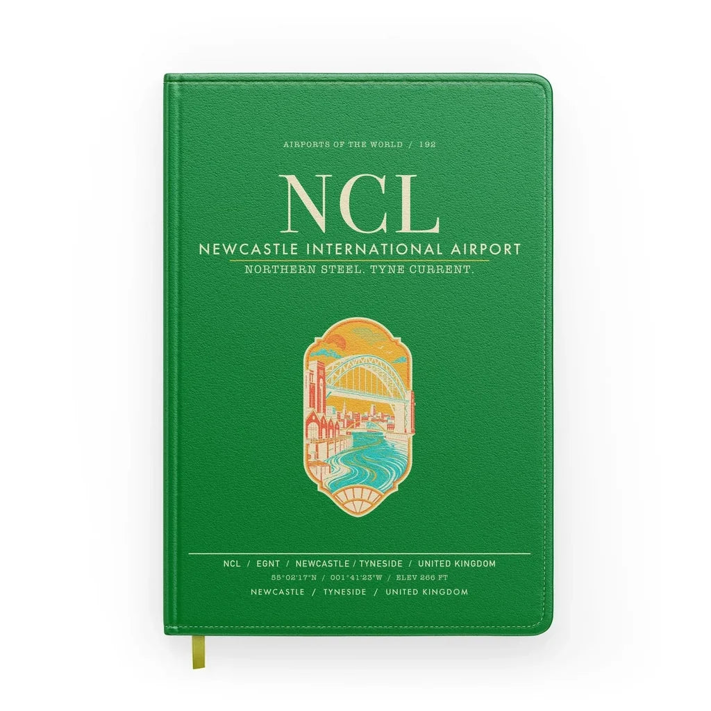 Newcastle International Airport (NCL) design on green notebook