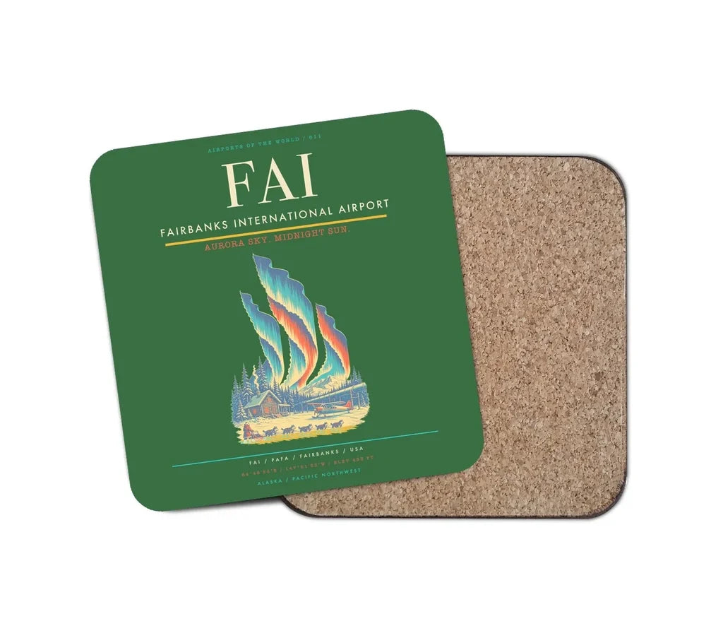 Fairbanks International Airport (FAI) design on green 1 piece coaster