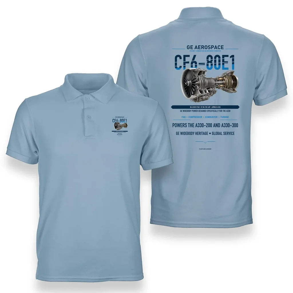 CF6-80E1 design on light blue polo