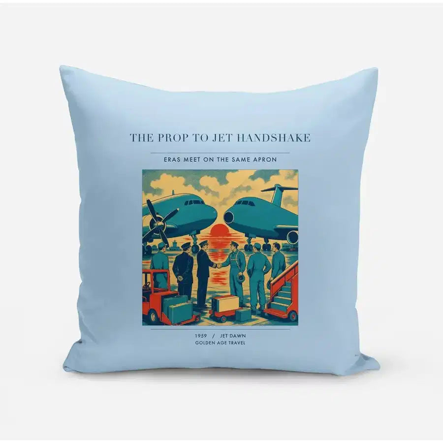 VINTAGE G4385 - The Prop To Jet Handshake - Designed Pillows design on lightblue