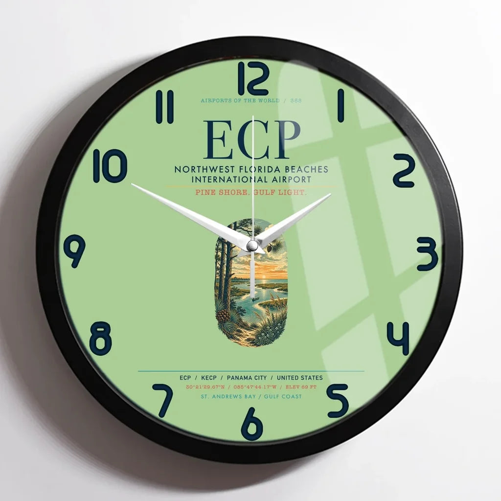 Northwest Florida Beaches International Airport (ECP) design on light green framed wall clock