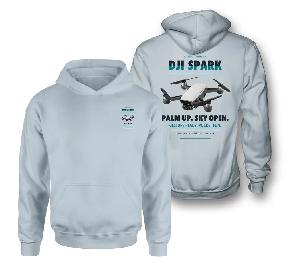 DJI Spark design on light blue hoodie