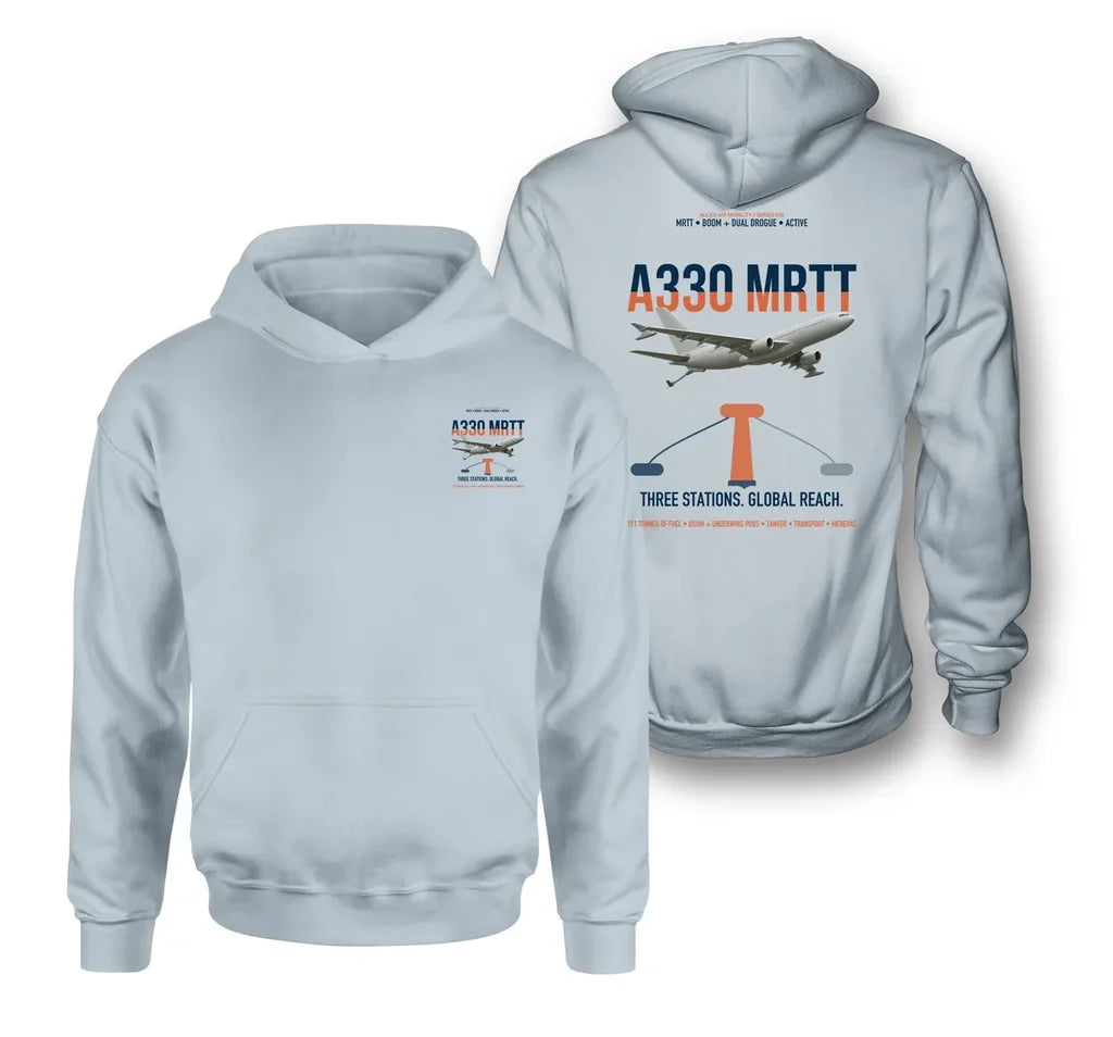 Airbus A330 MRTT design on light blue double-side hoodie, double-side print