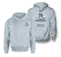 Thumbnail for Fokker 70 design on light blue double-side hoodie, double-side print