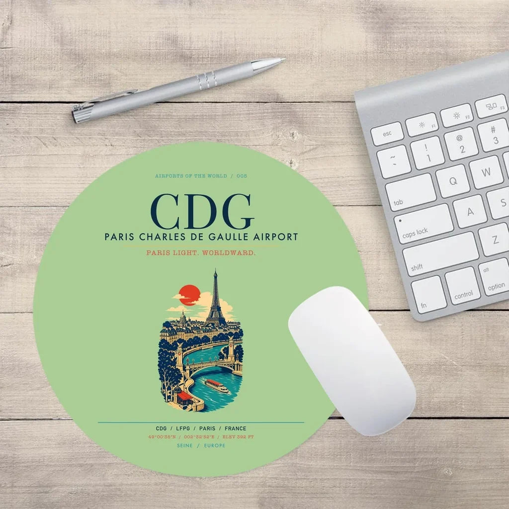 Paris Charles de Gaulle Airport (CDG) design on light green round mouse pad