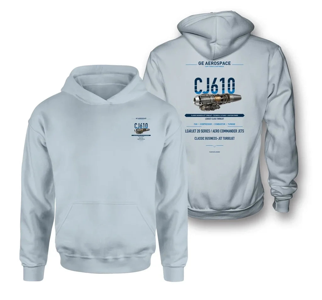 CJ610 design on light blue hoodie