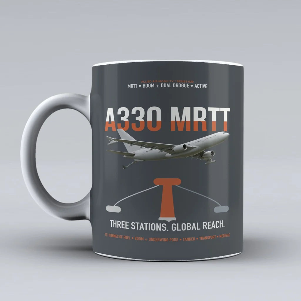 Airbus A330 MRTT design on gray ceramic mug, double-side print