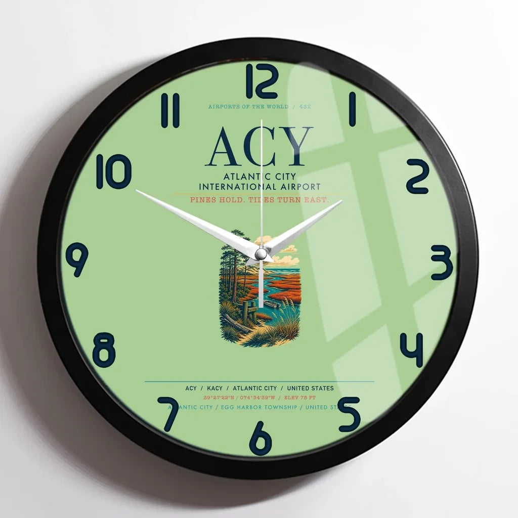 Atlantic City International Airport (ACY) design on light green framed wall clock