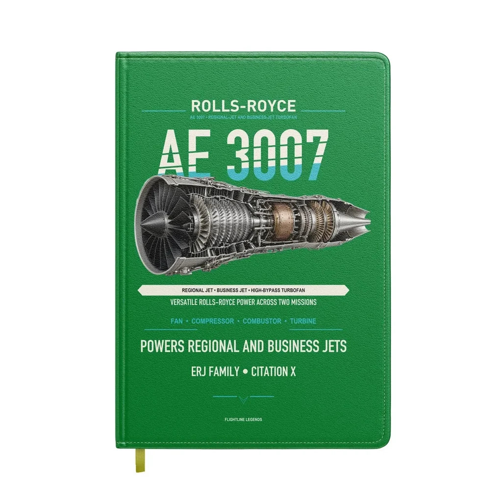 AE 3007 design on green notebook