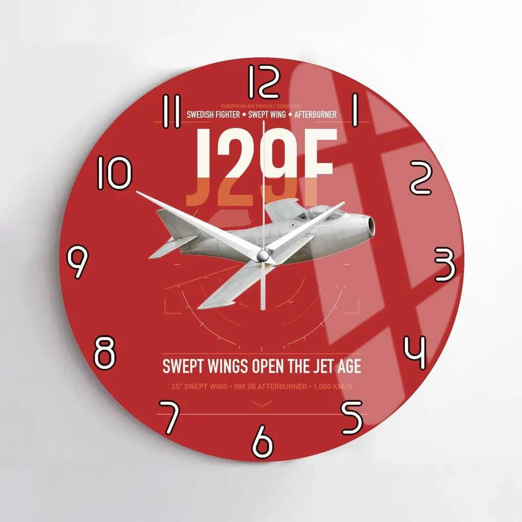 Saab J 29F Tunnan design on red no frame wall clock