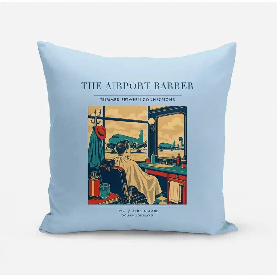 VINTAGE G4377 - The Airport Barber - Designed Pillows design on lightblue