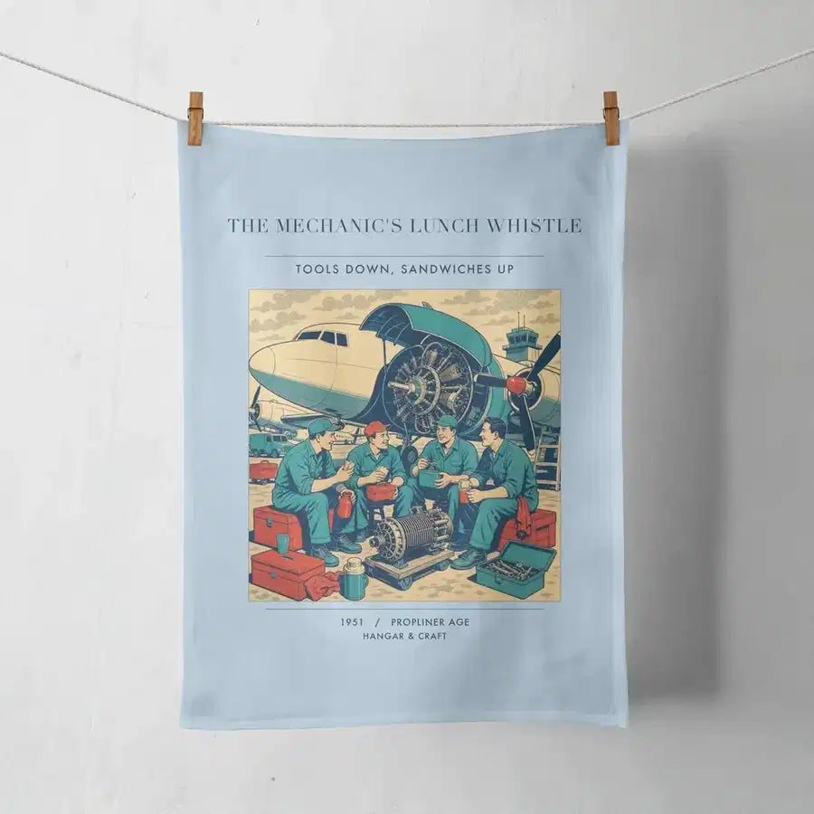 VINTAGE G4452 - The Mechanic's Lunch Whistle - Designed Towels design on lightblue