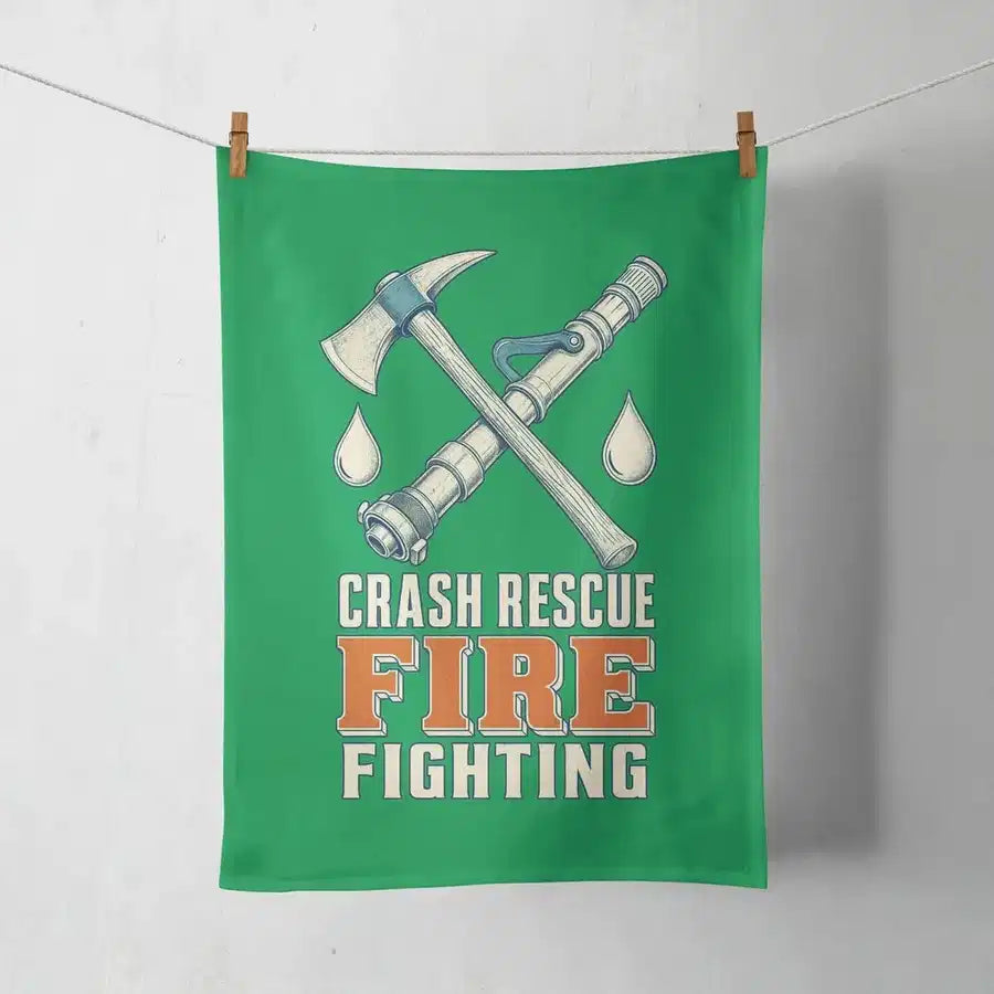 Crash Rescue Fire Fighting design on green towel