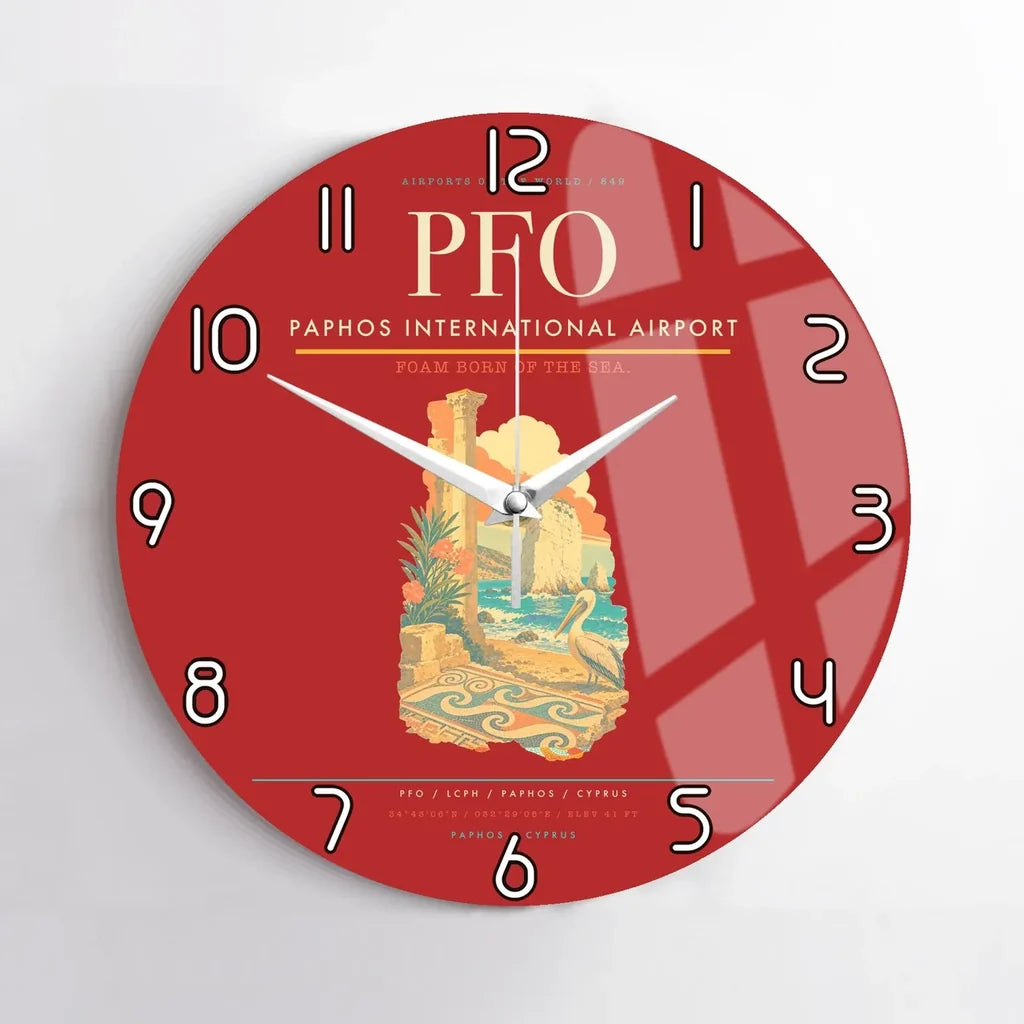 Paphos International Airport (PFO) design on red no frame wall clock