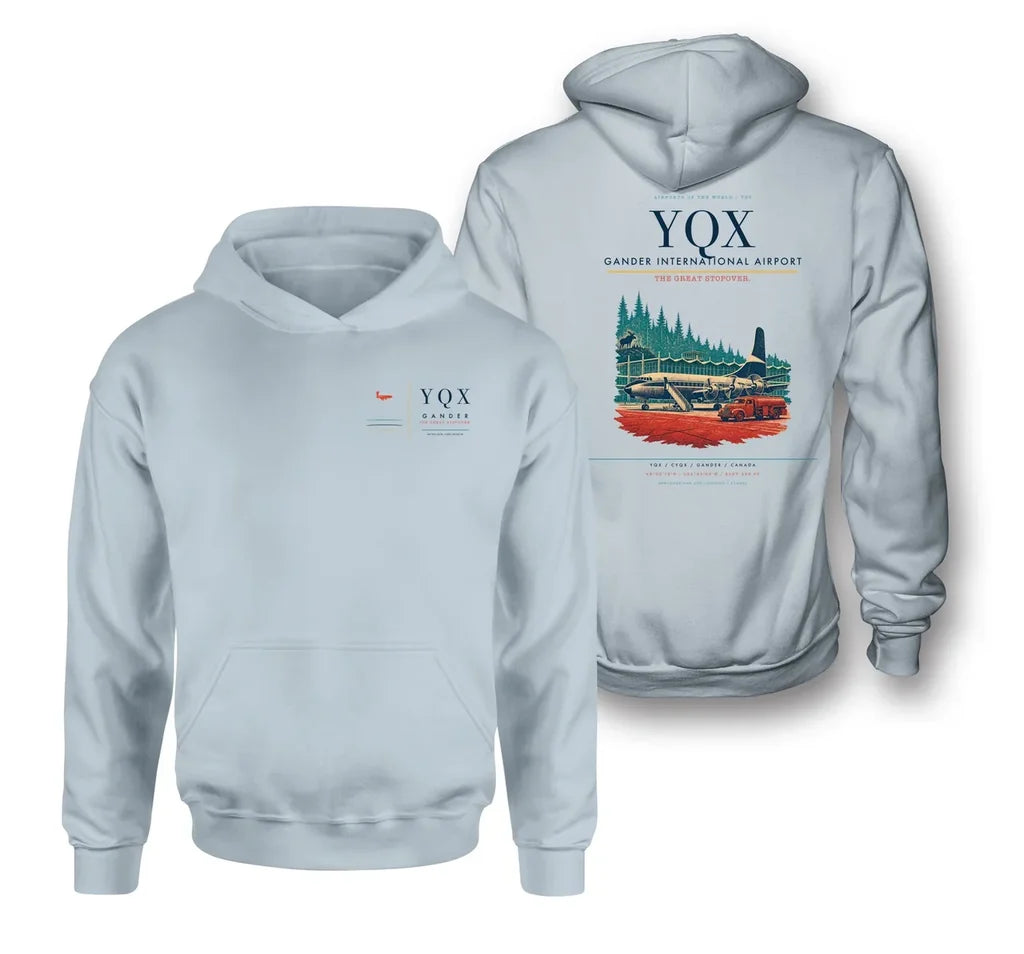 Gander International Airport (YQX) design on light blue double-side hoodie