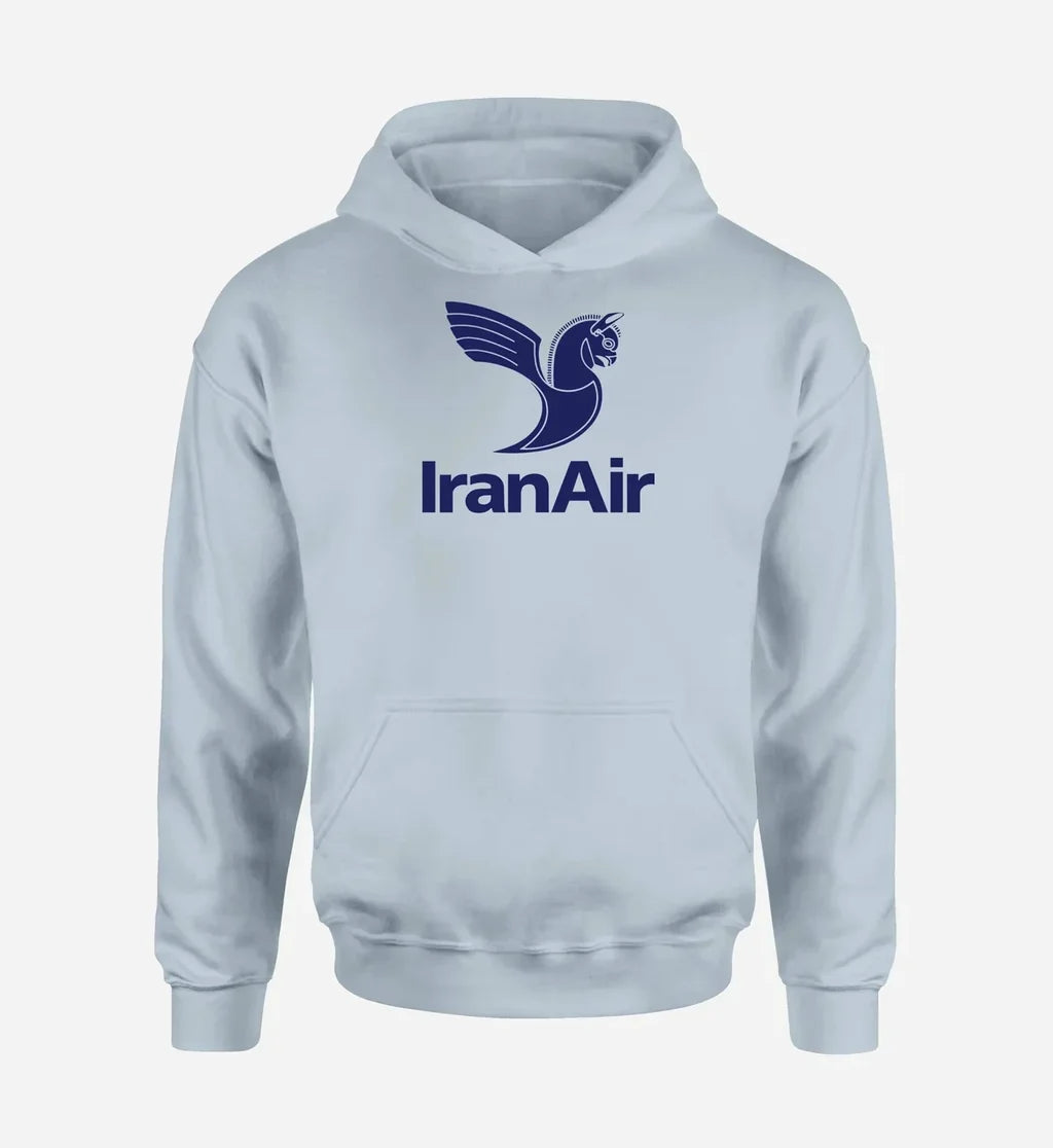 Iran Air logo printed on light blue hoodie