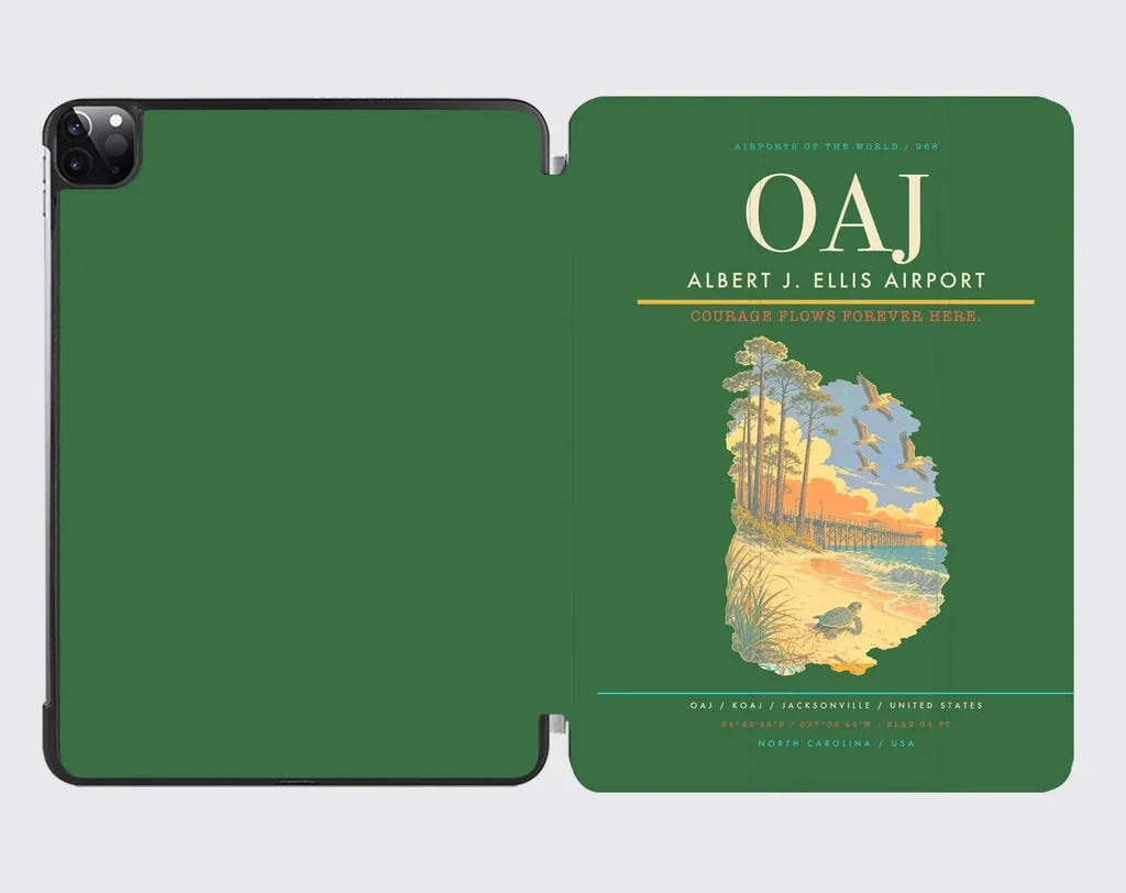 Albert J. Ellis Airport (OAJ) design on green ipad tablet case